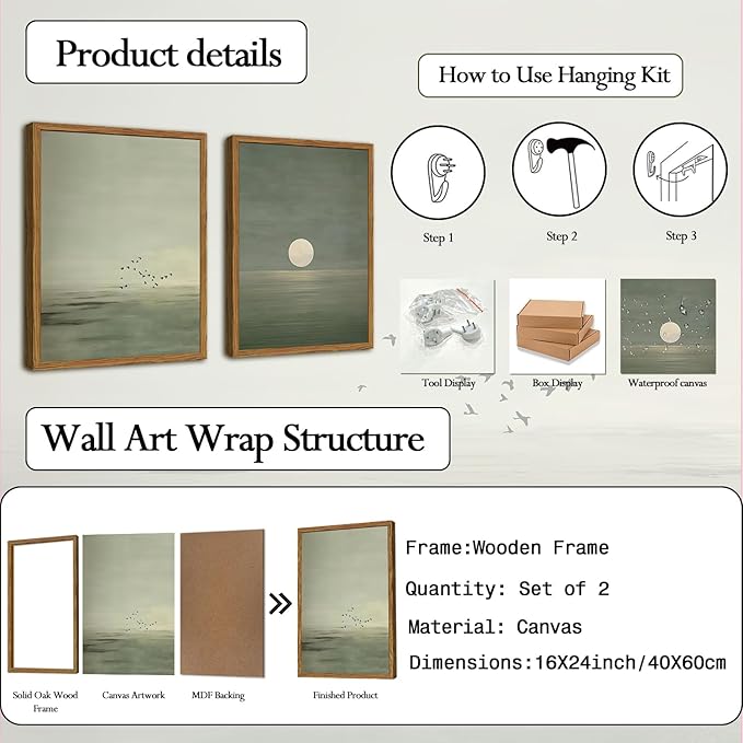 Framed Sage Green Japanese Canvas Wall Art Set of 2, Minimalist Moon and Birds