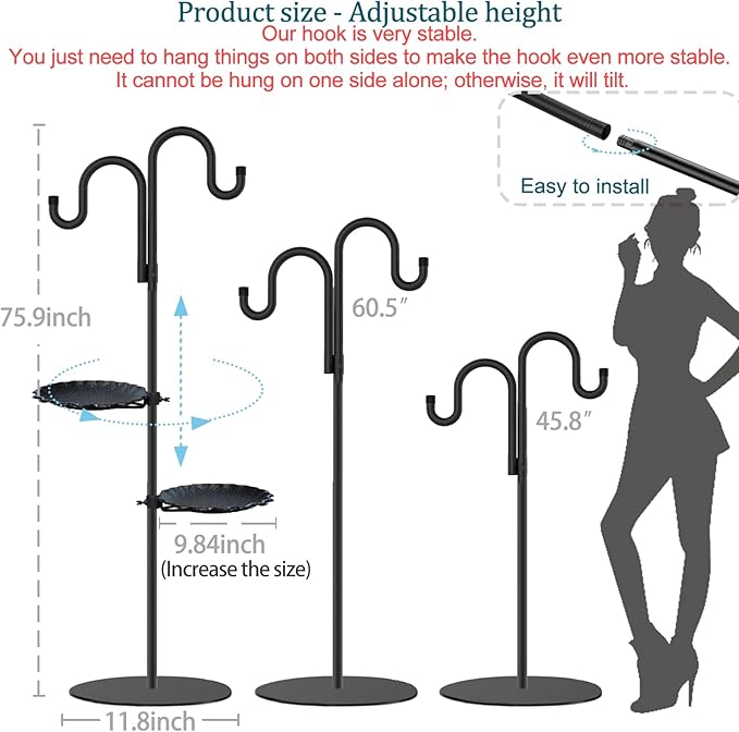 Upgraded 74" Shepherd's Hook Stand plant，Bird Feeder，Wind Chime Hanger Stand, Waterproof Metal & Adjustable-Height Standing Pole Holder for Lantern and Wreath, Indoor & Outdoor（2 Placement Racks)