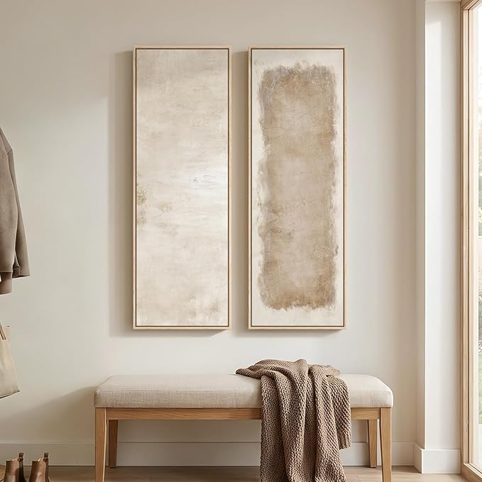 Long Narrow Framed Neutral Abstract Vertical Wall Art, 2 Piece Modern Canvas