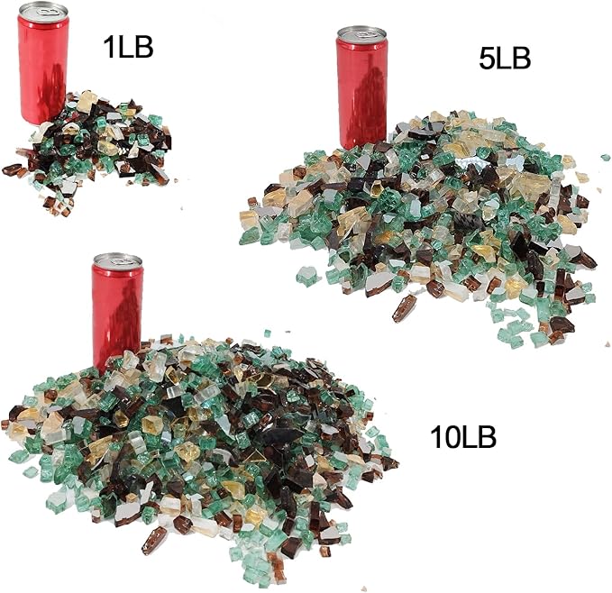 10 Pound 1/2 Inch Crushed Fire Glass for Natural or Propane Fire Pit Fireplace and Landscaping, 10 Pounds Golden,Copper, Light Green