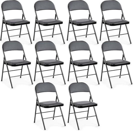 DUMOS 10 Pack Leather Padded Folding Chair, Indoor Outdoor Portable Stackable Commercial Seat with Steel Frame, Capacity for Home, Office, Party, Comfy, Black