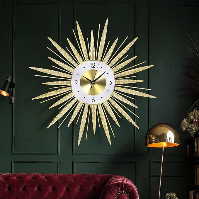 23 inch Gold Starburst Wall Clock, Silent Non-Ticking Large Modern Starburst