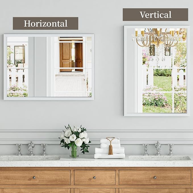 Syndra White Wood Frame Bathroom Mirror, Waterproof Slim Deep Frame,