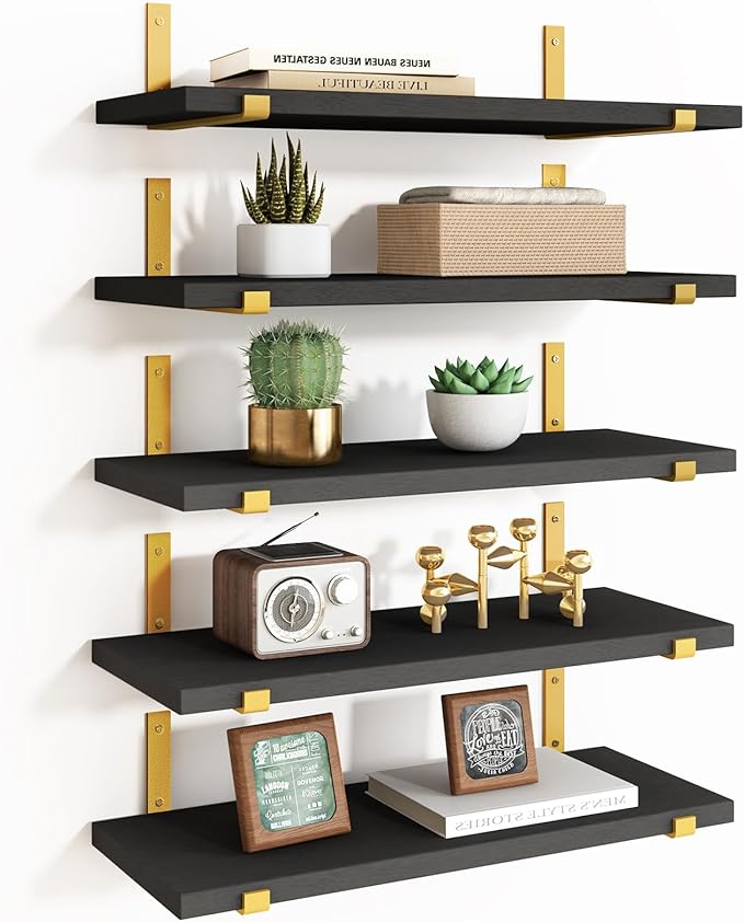 Fixwal Floating Black Gold Shelves Set of 5, Width 4.7 Inches, Rustic Wood Wall