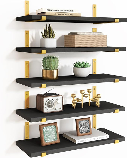 Fixwal Floating Black Gold Shelves Set of 5, Width 4.7 Inches, Rustic Wood Wall