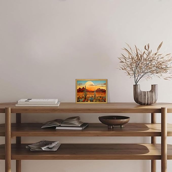 Framed Western Desert Sunset Cactus Wall Art, Vintage Southwest Nature