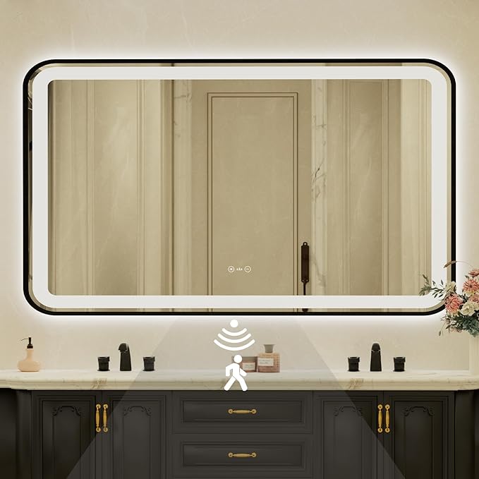 32x55 Inch Black Framed LED Bathroom Mirror