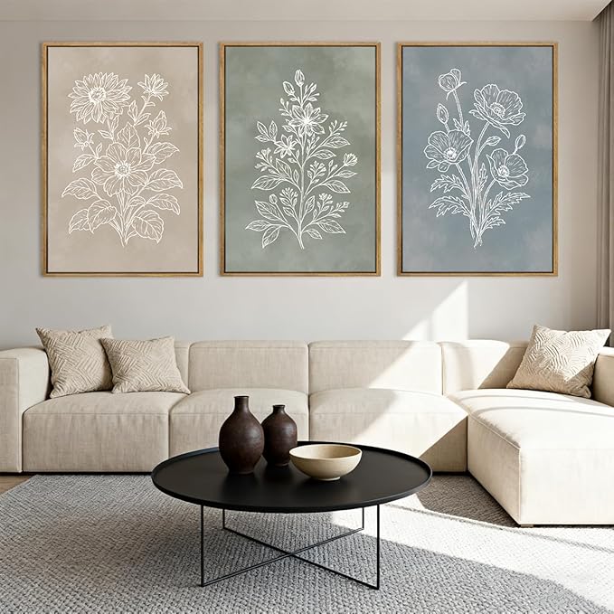Anyzal Large Boho Botanical Framed Wall Art 16x24 Inch Minimalist Floral Canvas Wall Decor Farmhouse Plant Art Prints for Living Room Bedroom Dining Room Set of 3