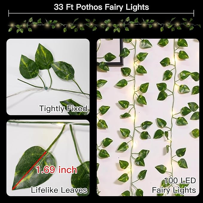 suddus Vine with Fairy Lights Battery Operated, 33ft100 LED Pothos String