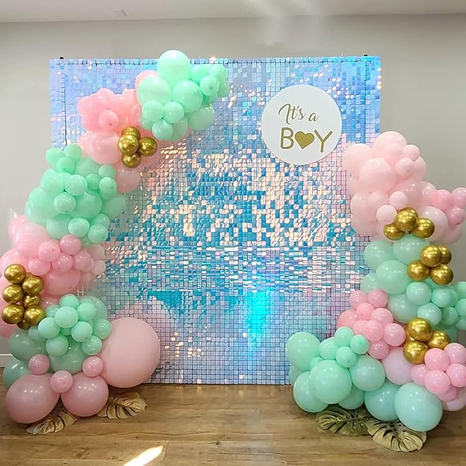 COKAOBE Rainbow Blue Shimmer Wall Backdrop 24PCS Square Sequin Shimmer Backdrop