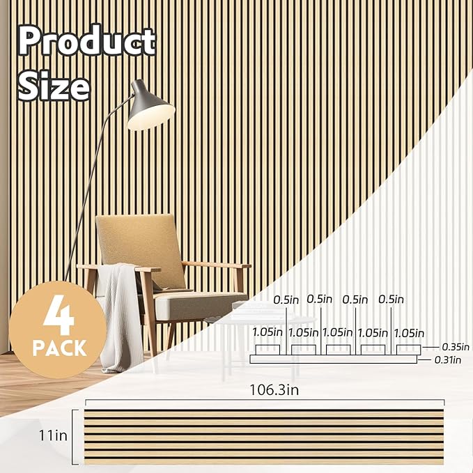 4 Pack Wood Panels for Wall, 106.3" × 11" Wood Slat Acoustic Panels, Soundproof