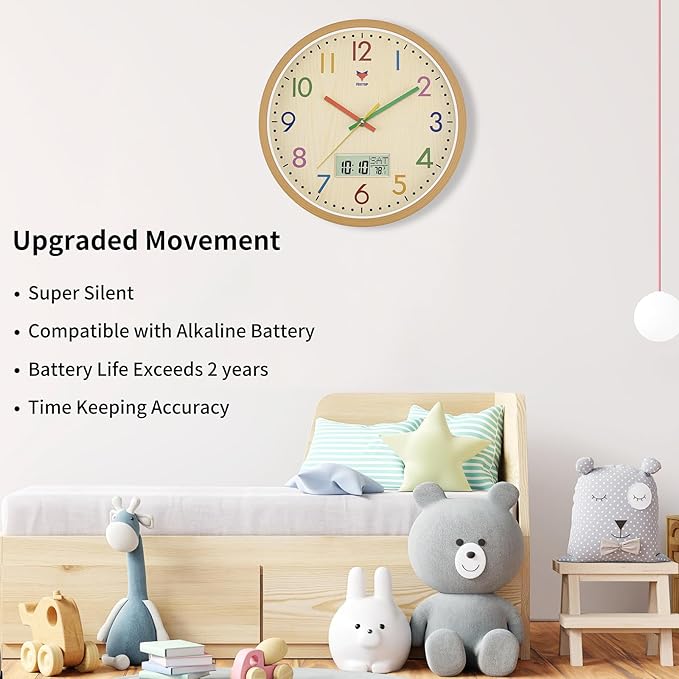 Foxtop Digital and Analog Kids Wall Clock 12 Inch Silent Non-Ticking Battery