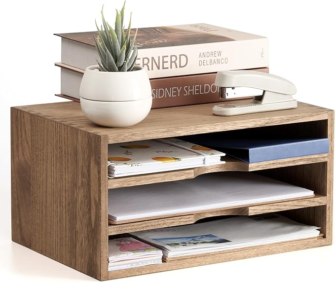 KIRIGEN Wooden Desktop Organizer Paper Storage Letter Tray File Sorter - Desk Rack Magazine File Dividers Holders for Home Office Accessories with 3 Layer Trays Dark Brown (3KWJG-DBR)