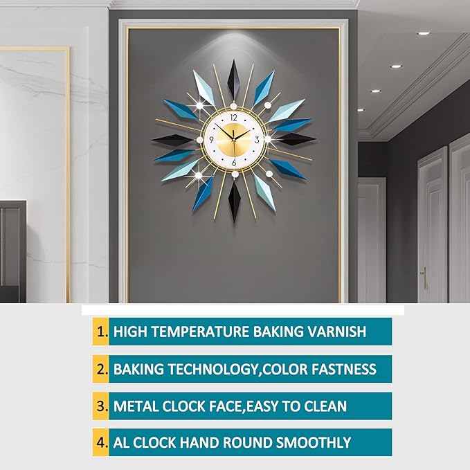 Large Metal Decorative Wall Clocks Silent Non-Ticking, 3D Modern Art Clock Home