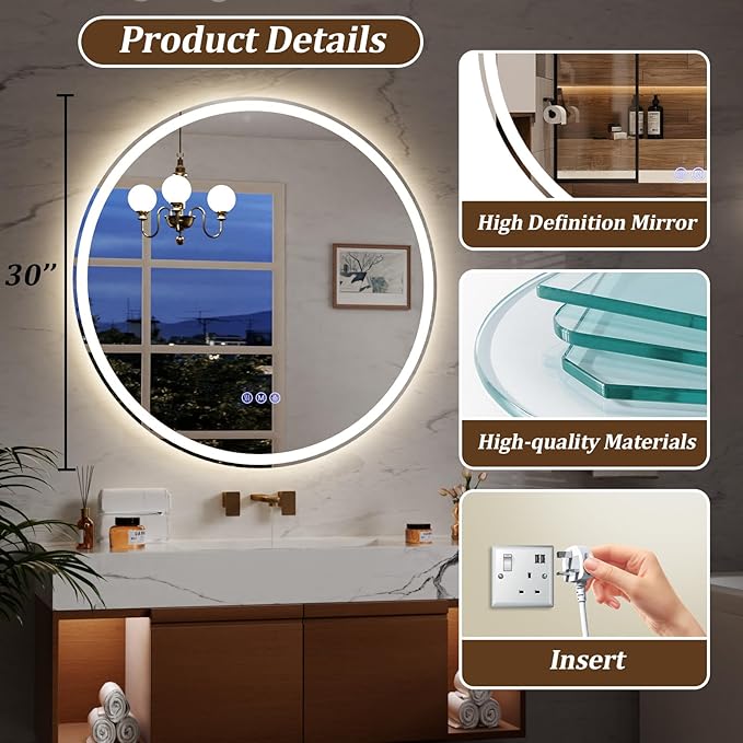 BEAUTYPEAK 30x30 LED Round Bathroom Mirror
