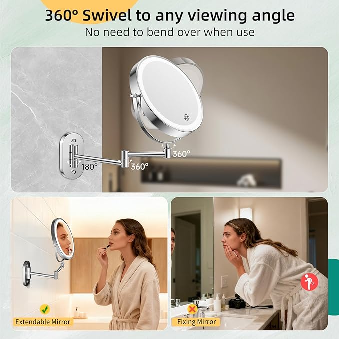 FUNTOUCH 5000mAh Rechargeable Wall Mounted Makeup Mirror