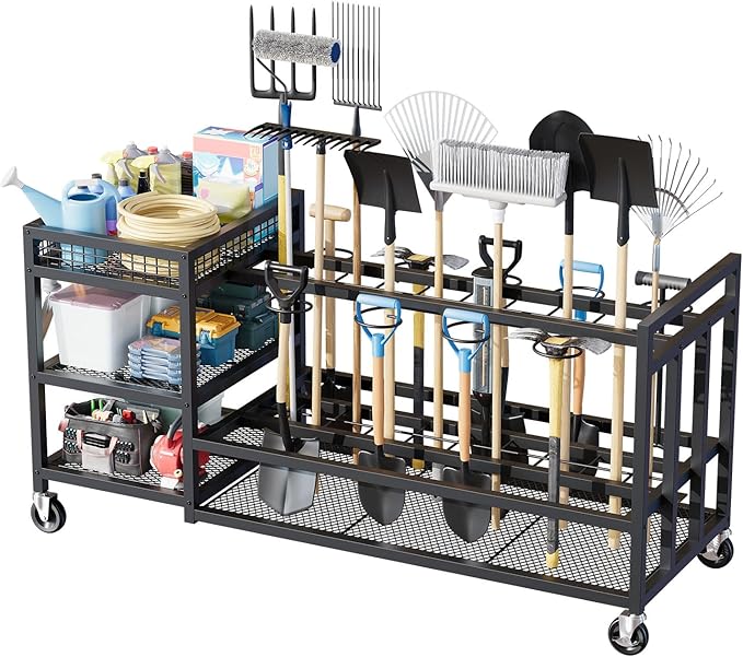 HavenlyYouth Garden Tool Organizer with Wheels-Movable Garden Tool Rack with Storage Hooks for Long-Handled Tools/Rakes/Brooms/Shovels,Heavy Duty Metal Garden Tool Storage for Garage,Shed,Garden,Black