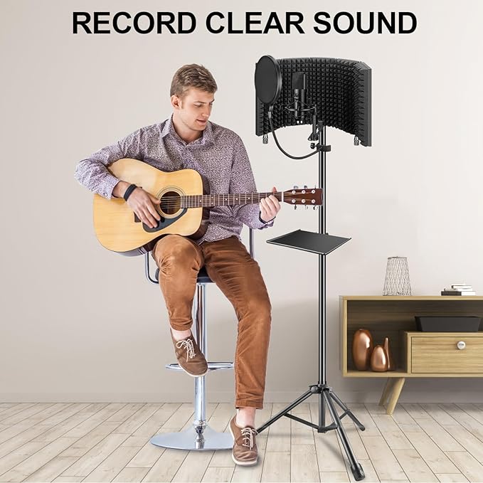 Aokeo Studio Recording Microphone Isolation Shield with Pop Filter & Tripod Stand, High Density Absorbent Foam to Filter Vocal, Foldable Sound Shield for Blue Yeti and Condenser Microphones