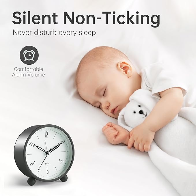 Analog Alarm Clock, 4 inch Super Silent Non Ticking Small Clock with Night Light, Battery Operated, Simple Design, Old Fashioned Style Black Decor, for Bedroom, Bedside, Desk, Adult, Kid, Gift, Black