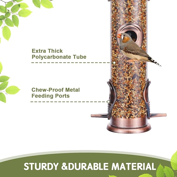MIXXIDEA 1PK Metal Wild Bird Feeder,Squirrel Proof Bird Feeders for Outside,Hanging 6 Port Tube Bird Feeder,Finch Bird Feeder for Attracting Birds in Your Lawn, Garden, Balcony-Antique Copper