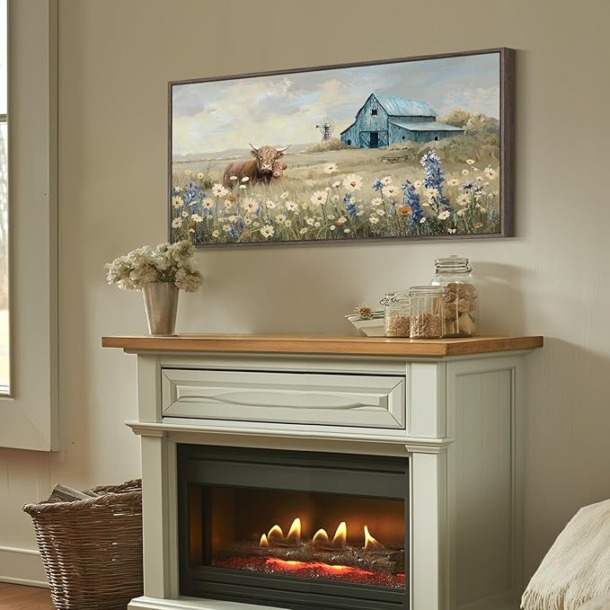 Large Framed Farmhouse Wall Art for Living Room, Highland Cow Country Pictures Wall Art Decor for Bedroom, Vintage Barn Landscape Floral Painting Artwork Print for Living Room Bathroom Kitchen 20x40