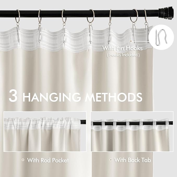 MIULEE Ivory Back Tab Blackout Curtains 72 Inches Long 2 Panels Set