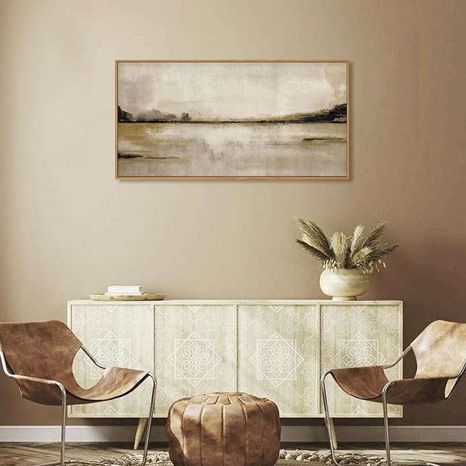 KAIRNE Neutral Abstract Landscape Framed Canvas Wall Art Set, Retro Mountain Lake Wall Decor, Vintage Tan Scenery Art Prints, Modern Nature Artwork for Living Room,Bedroom,Farmhouse,Office-40 x20 x1