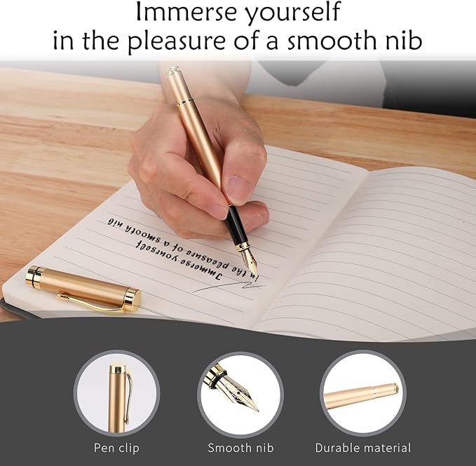 Tiankool Luxury Fountain Pen,Fine Nib, Exquisite Pen Gift Set for Men&Women-Includes 10 Ink Cartridges&Ink Converter- Nice Pens - Gold