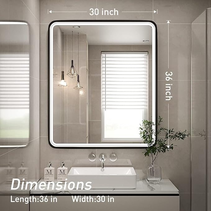 30X36 Inch LED Mirror for Bathroom, Large Wall Mounted Makeup Mirror, Dimmable
