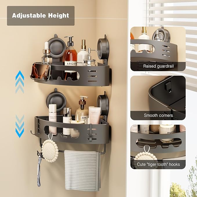 Voldra Corner Shower Caddy Suction Cup, Aluminum Corner Shower Shelves