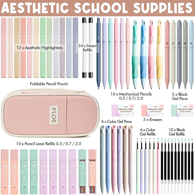 65PCS Aesthetic School Supplies with Cute Pencil Case, Pastel Highlighters Gel Pens Mechanical Pencils Set 0.5 0.7 & 2.0mm, Office Back to School Supplies College Essentials Kit Student Stationary Set