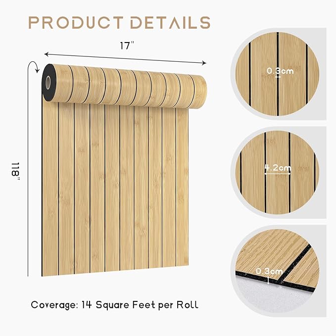 VEELIKE Natural Bamboo Slat Wall Panels Peel and Stick 3D Textured Wood Grain