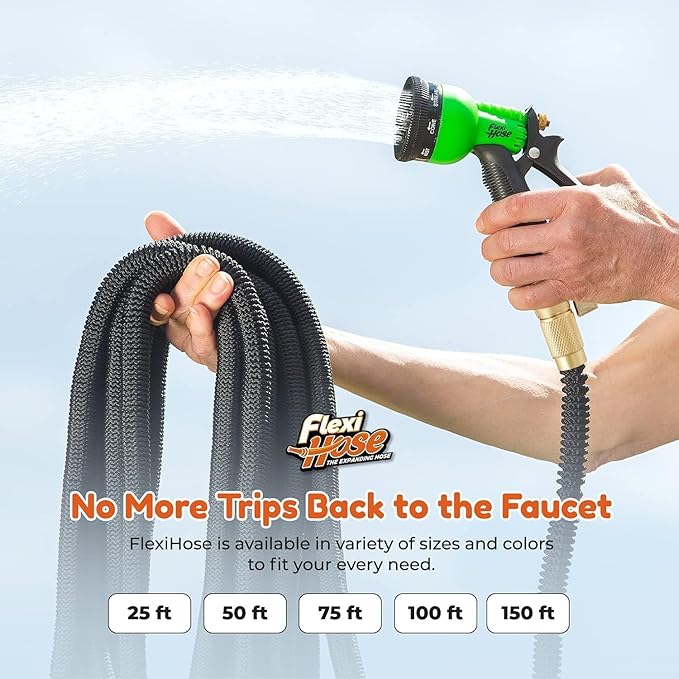 Flexi Hose Expandable Garden Hose with 8 Function Nozzle, 150FT - Lightweight Retractable Garden Hose, Water Hose - No-Kink Flexibility, 3/4 Inch Solid Brass Fittings and Double Latex Core
