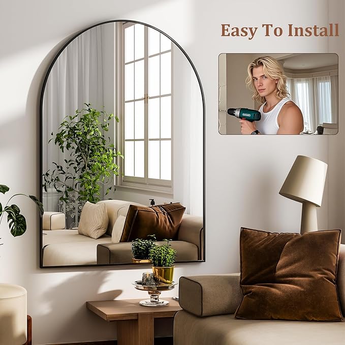 HARRITPURE Arched Wall Mirror 24"x36" – Black Metal Frame Vanity Mirrors