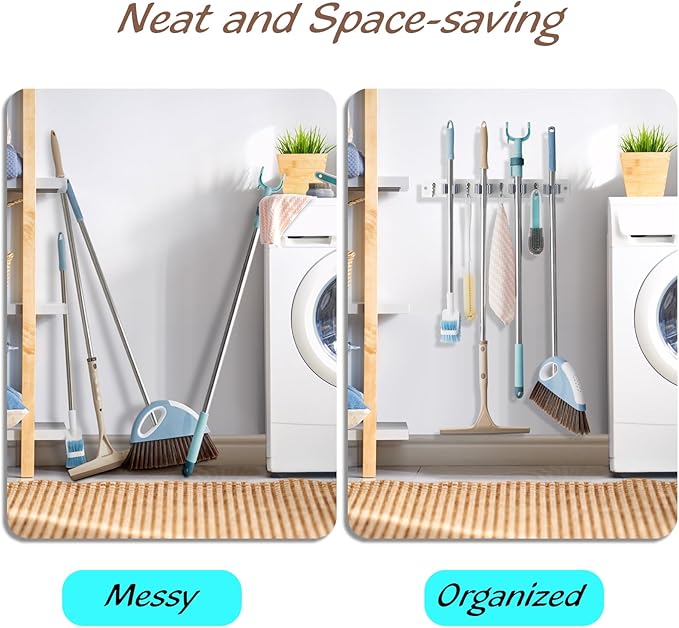 OUTNILI White Mop Broom Holder Wall Mount with 4 Slots & 4 Hooks - Wood Broom Mop Hanger for Pantry Closet Laundry Room Organization - Heavy Duty Garden Tool Organizer - White Kitchen Decor