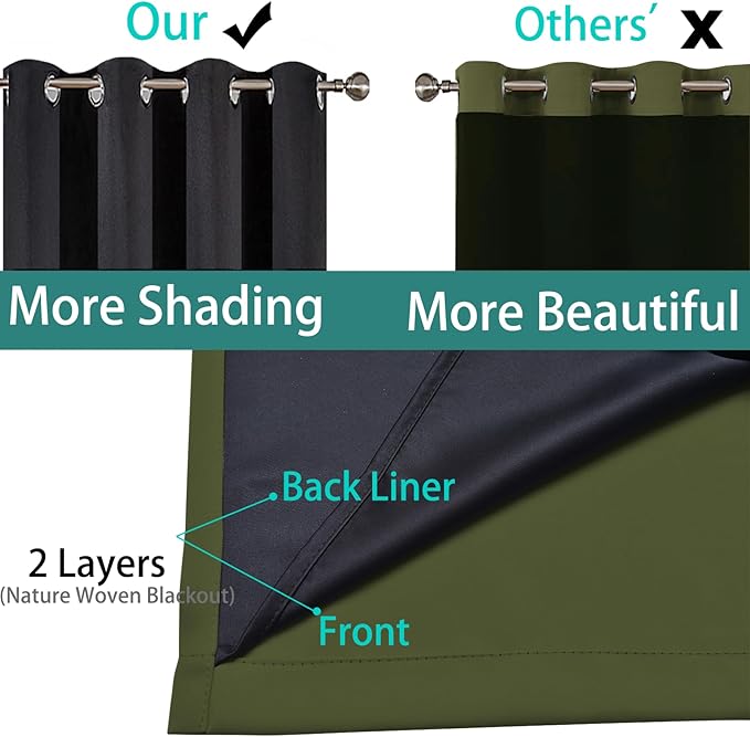 Yakamok Green 100% Blackout Curtains, Total Blackout Lined Curtain Panels