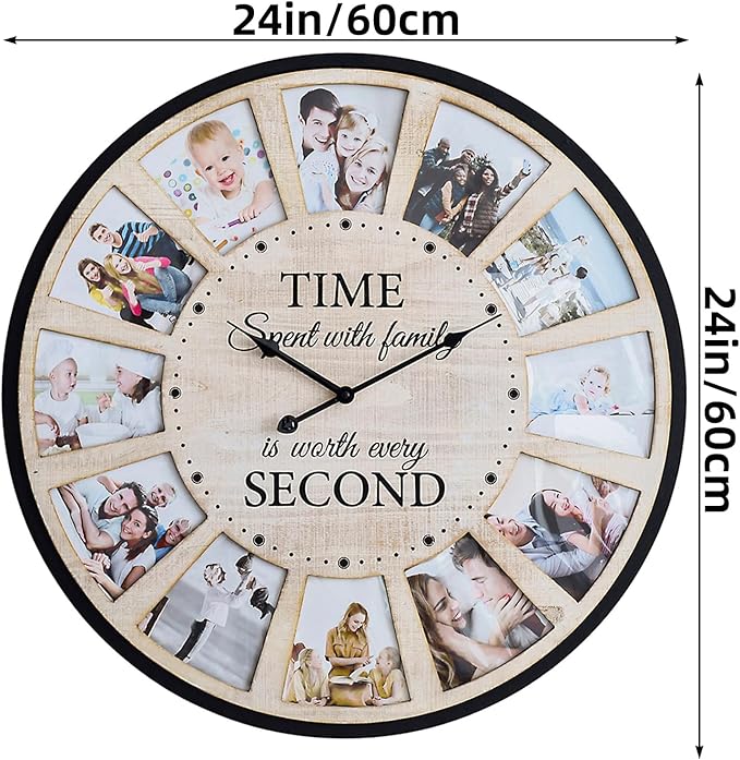 12 Photo Collage Rustic Wood Farmhouse Wall Clock, Large Family Picture Wall