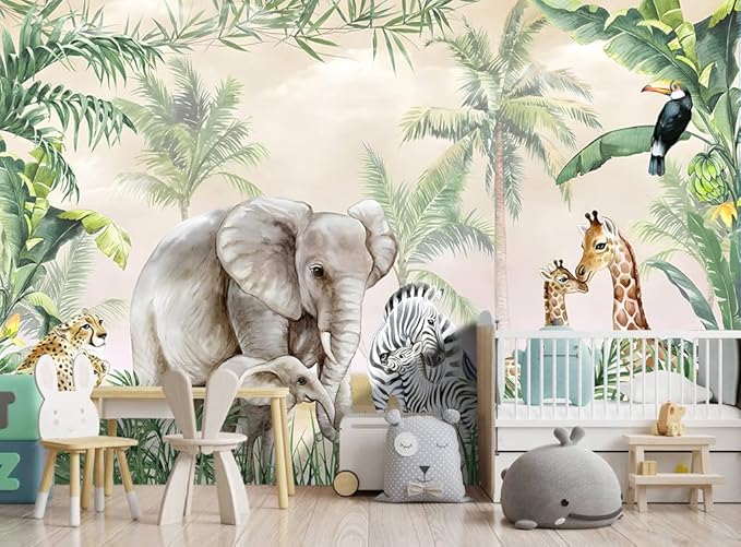 Tropical Animal Plants wallpeper Nursery Kids Bedroom Elephant wall Mural