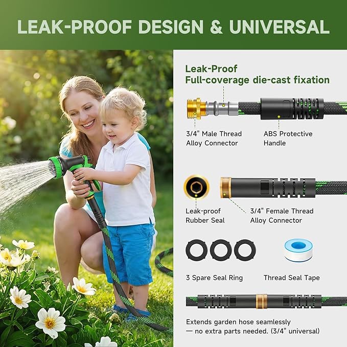 Non-Expandable Garden Hose 75 FT, Heavy-Duty & Flexible Water Hose with 10-Function Nozzle, Kink-Free & Leak-Proof Design, Ultra Lightweight Portable Yard Hose for Lawn, Car, Outdoor Use