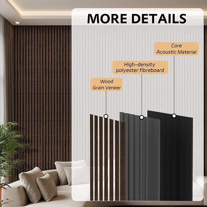 2 Pack Wood Panels for Wall, 106.3" × 11" Wood Slat Acoustic Panels for Wall