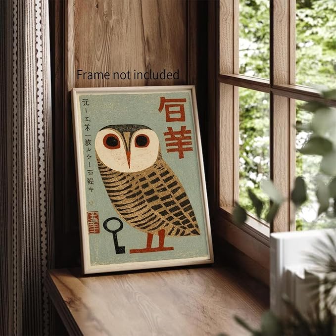 Heltrappe Vintage Japanese Canvas Wall Art Owl Poster Mid Century Animal Print