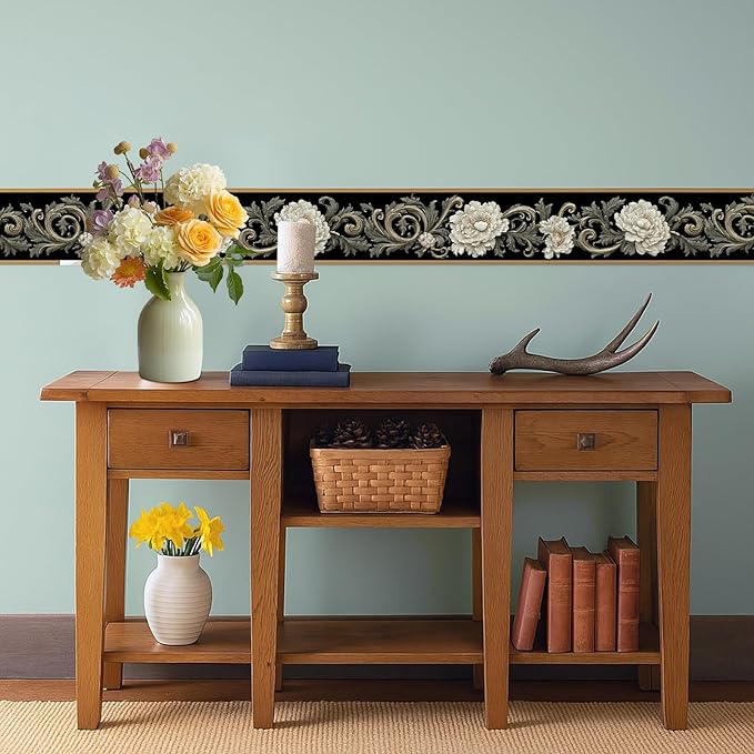 Beige Floral Scroll Wallpaper Border 196x4 Inch Peel and Stick Wall Border