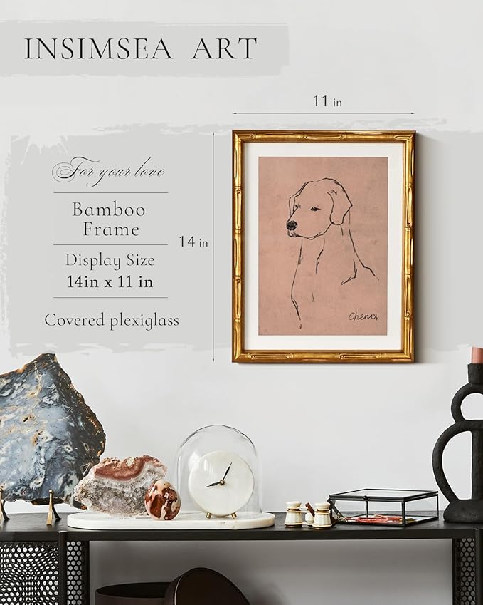 InSimSea Gold Bamboo Framed Canvas Wall Art, Minimalist Dog Sketch Animal