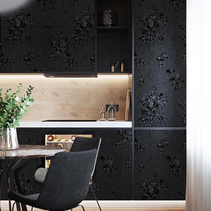 Erfoni Black Peel and Stick Wallpaper Black Floral Embossed Contact Paper