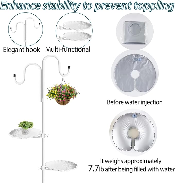 Upgraded 74" Shepherd's Hook Stand Plant，Bird Feeder，White Wind Chime Hanger Stand, Waterproof Metal & Adjustable-Height Standing Pole Holder for Wreath, Indoor & Outdoor（2 Placement Racks