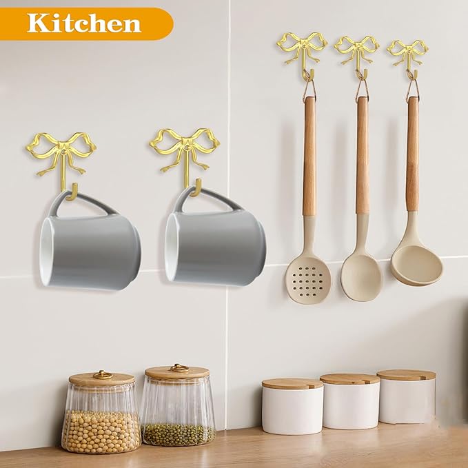4 PCS Large Size Gold Bow Wall Hook, Metal Hooks, Bow Room Decor Hooks