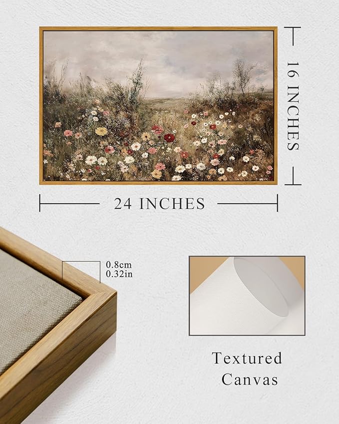 InSimSea Framed Canvas Prints Art Vintage Decor, Classical Wildflower Field Meadow Flowers Painting, Rustic Landscape Large Wall Art for Living Room Bedroom Home Bathroom Wall Decor, 16x24inch