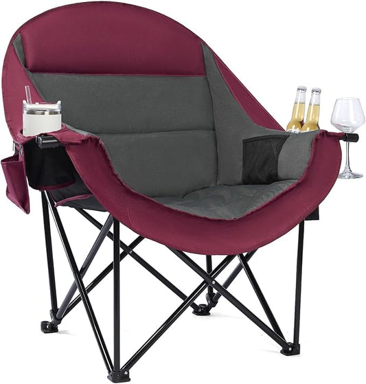 Oversized Camping Chair for Adults - Heavy Duty Padded Outdoor Folding Lawn XL Camp Chair with Cup Holder Cooler Pockets for Sports Beach Fishing Garden Portable Supports 500lbs, Red/Grey