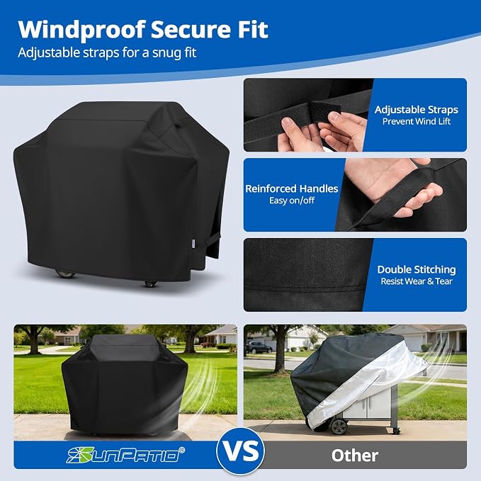 SunPatio Gas Grill Cover 60 Inch, Outdoor Heavy Duty Waterproof Barbecue Gas Cover, UV and Fade Resistant, All Weather Protection Compatible for Weber Charbroil Brinkmann Grills and More, Black