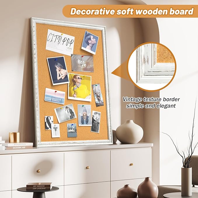 White Cork Board for Wall, 36 x 24 inches Decorative Bulletin Board, Rustic